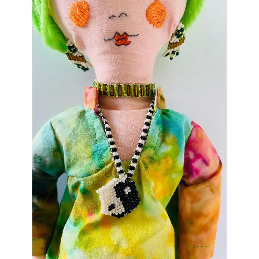 Handmade Boho Folk Art Indian Green Yin Yang Embroidered Yarn Hair Cloth Doll